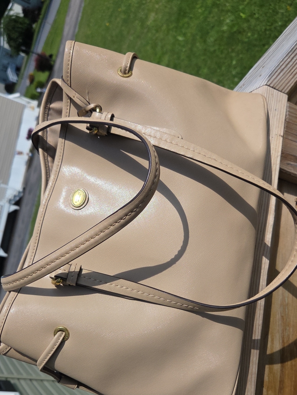 Beige Leather Tote Bag with Gold Accents